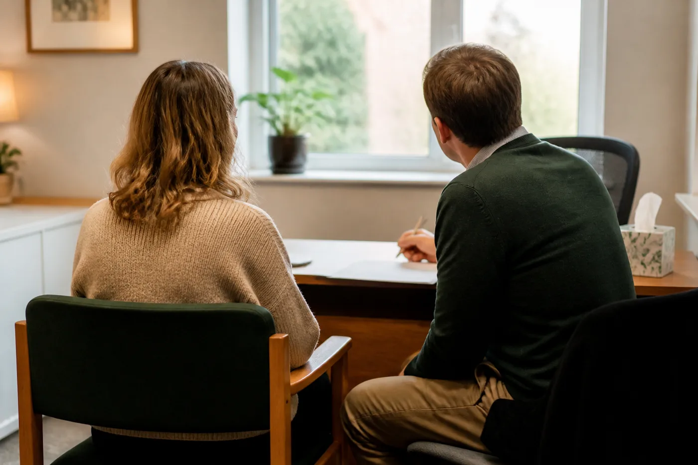 A doctor and patient talking across a desk in a consulting room, both seen from behind