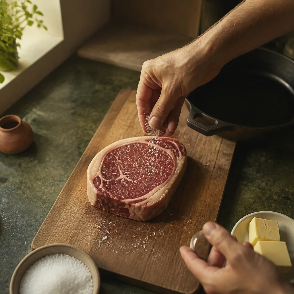 A pair of hands seasoning a steak on a wooden board at a kitchen counter