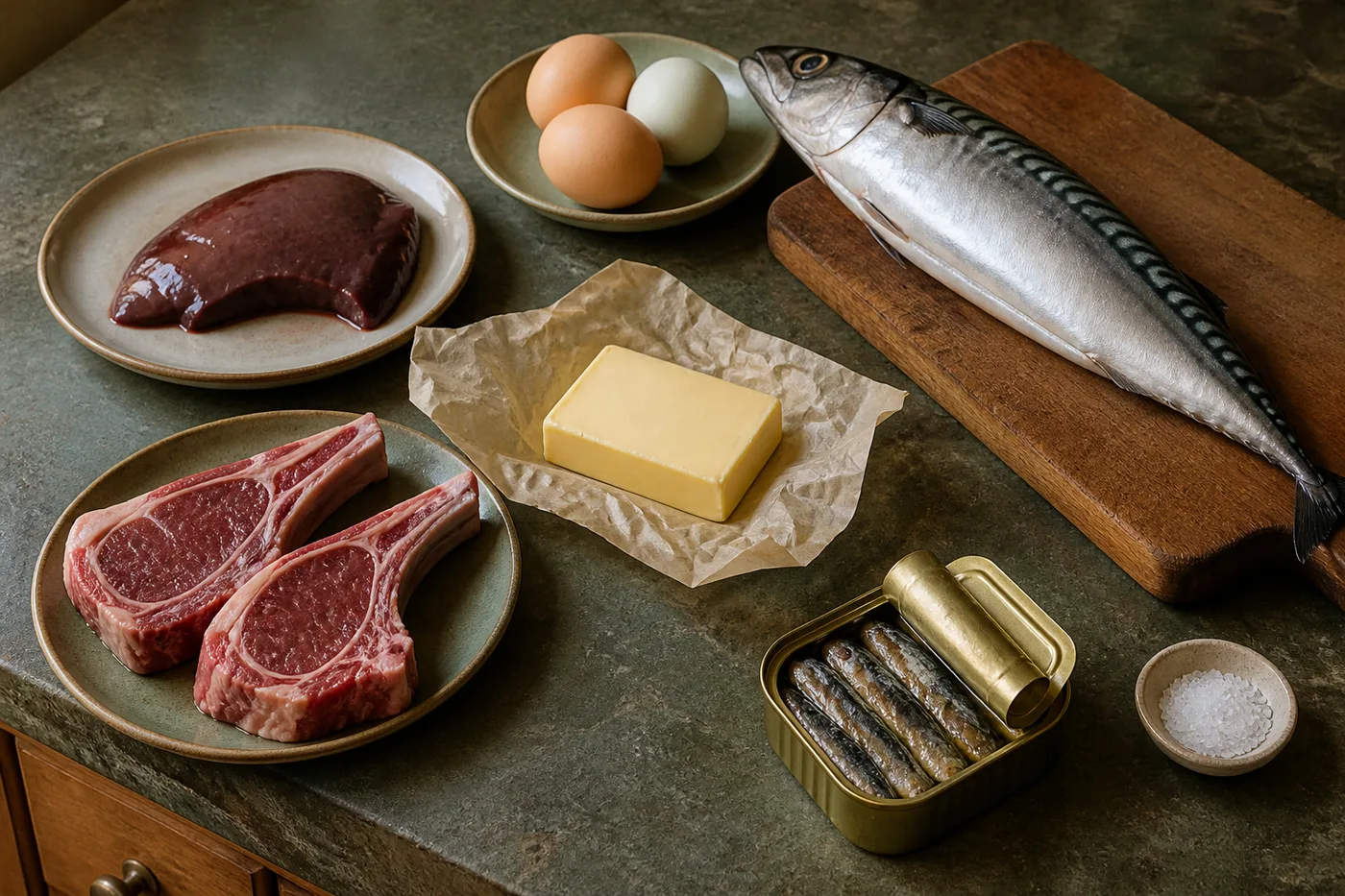 Cuts of beef and lamb, whole fish, eggs and a block of butter arranged on a counter
