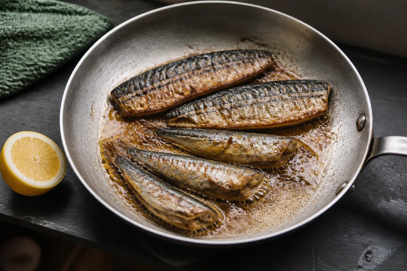 Mackerel and sardines cooking in a pan with butter and a halved lemon