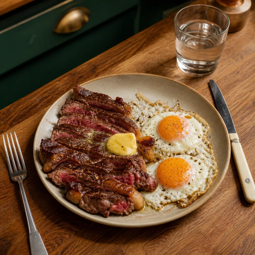 A plated meal of sliced steak, fried eggs and butter