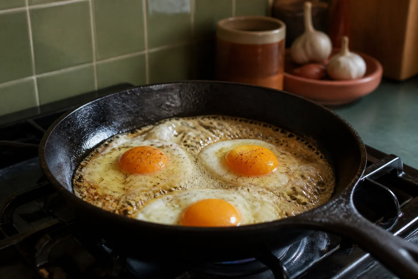 Eggs frying in butter in a cast-iron skillet on a hob